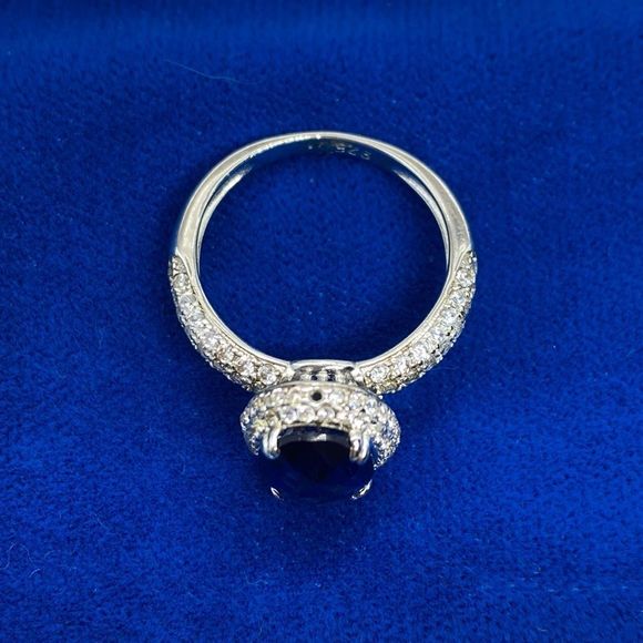 💛 925 Blue Sapphire & CZ Halo Ring - Picture 3 of 5